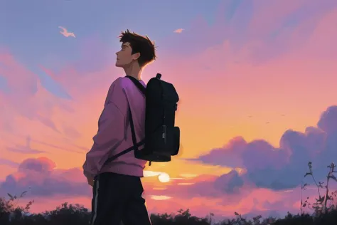 1boy, male focus, yaoi, solo, sunset in the background, sky, clouds, red-pink-purple sky, brown hair, shirt hair, hoodie, black sweatpants, a backpack is hanging on his back, look away, year 2024