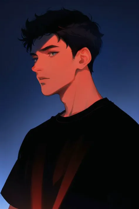 1boy, male focus, boys, yaoi, solo, looking at the view, gloomy, short hair, black hair, blue eyes, t-shirt, dark theme, red theme, spotlight, silhouette, simple background, best aesthetics, absurdres, year 2024