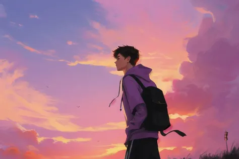 1boy, male focus, yaoi, solo, sunset in the background, sky, clouds, red-pink-purple sky, brown hair, shirt hair, hoodie, black ...