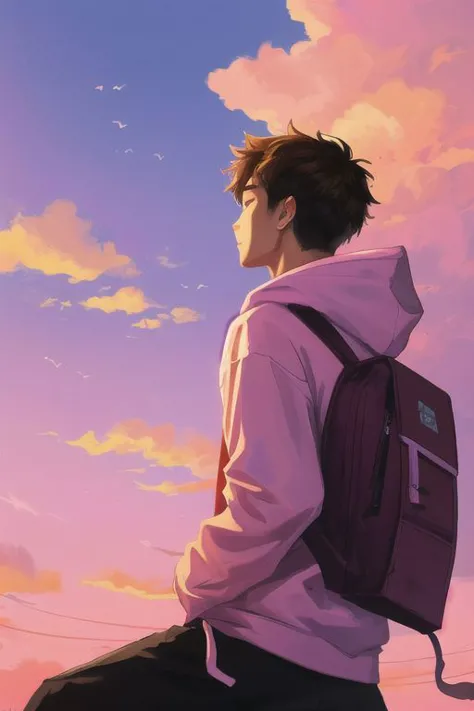 1boy, male focus, yaoi, solo, sunset in the background, sky, clouds, red-pink-purple sky, brown hair, shirt hair, hoodie, black sweatpants, a backpack is hanging on his back, look away, year 2024