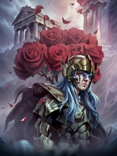 a close up of a person with a helmet on and roses in the background