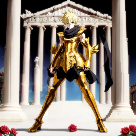 anime character dressed in gold standing in front of a building