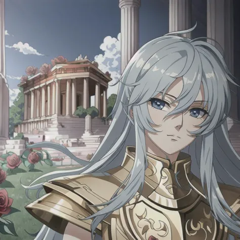 masterpiece, best quality, masterpiece, detailed face, detailed eyes, sketch art, full body,  man wearing golden armor, long blue hair, field of roses in greek temple, ((anime))