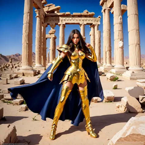 <lora:PiscesArmor:0.6>, masterpiece, best quality, masterpiece, detailed face, detailed eyes, full body, Adriana Lima wearing sexy golden Armor, greek temple ruins in the desert, attack pose,  cape,