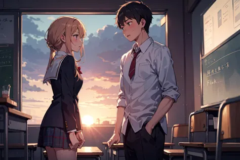 love confession from boy to girl, classmate, 
classroom, at dusk,
emotional background,