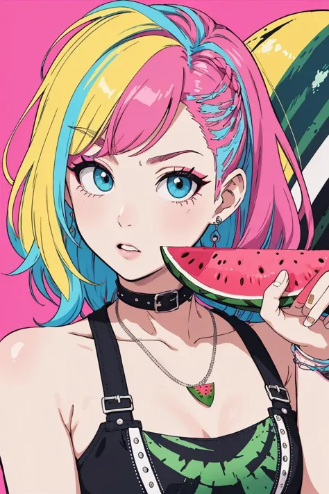 legendary girls punk rockers, worked in 90's, ((watermelon is their trademark)),
they live for punk, punk hair, fashionable, sop...