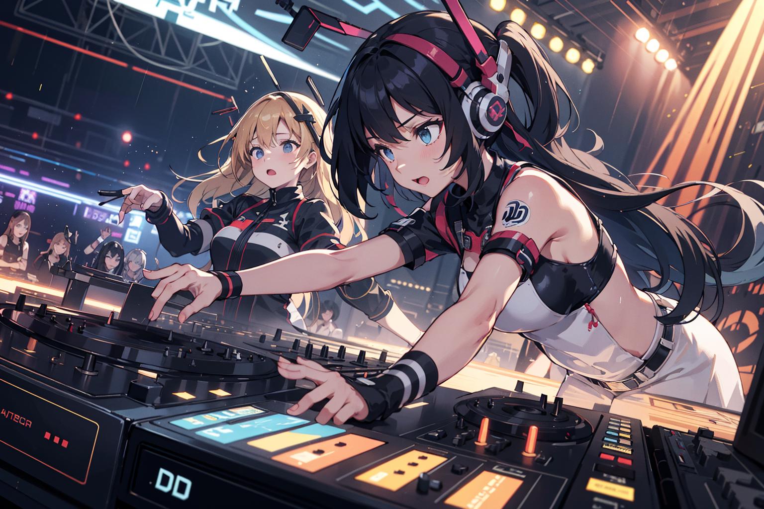 Anime girls in a nightclub playing music on a turntable - SeaArt AI