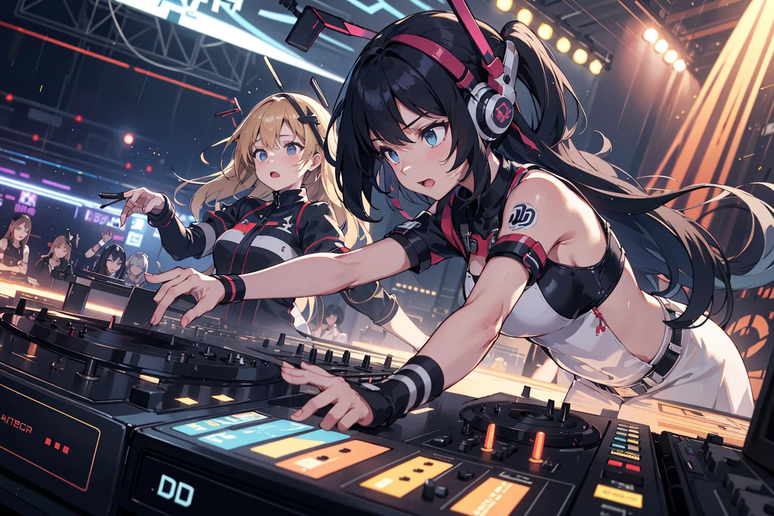 Anime girls in a nightclub playing music on a turntable - SeaArt AI