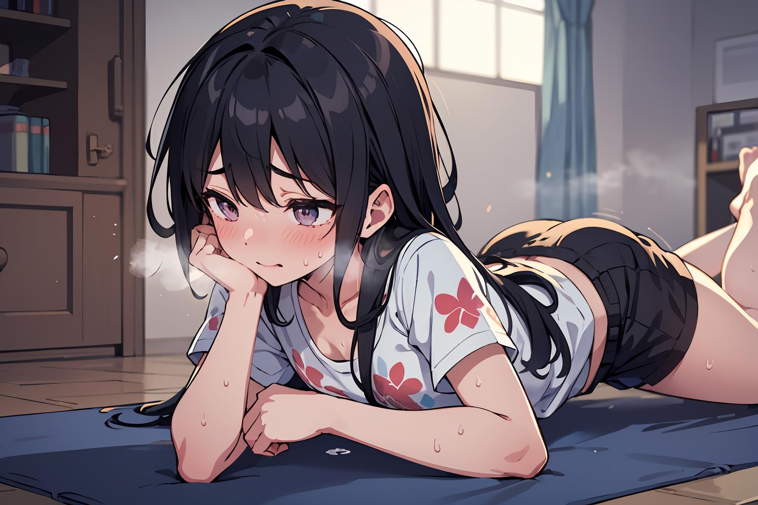 Anime girl laying on the floor with her head on her hands - SeaArt AI