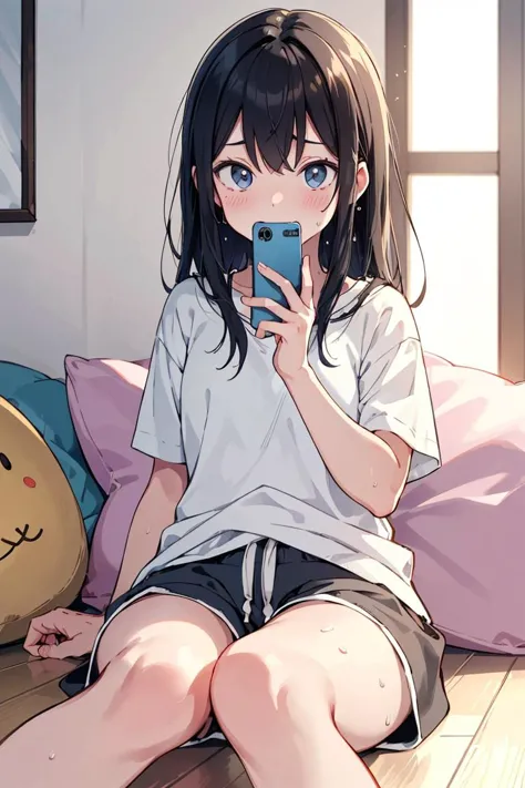 kawaii childhood friend, room clothes, lounge shorts, sitting on floor,
using smartphone while talking, she is staring at smartp...