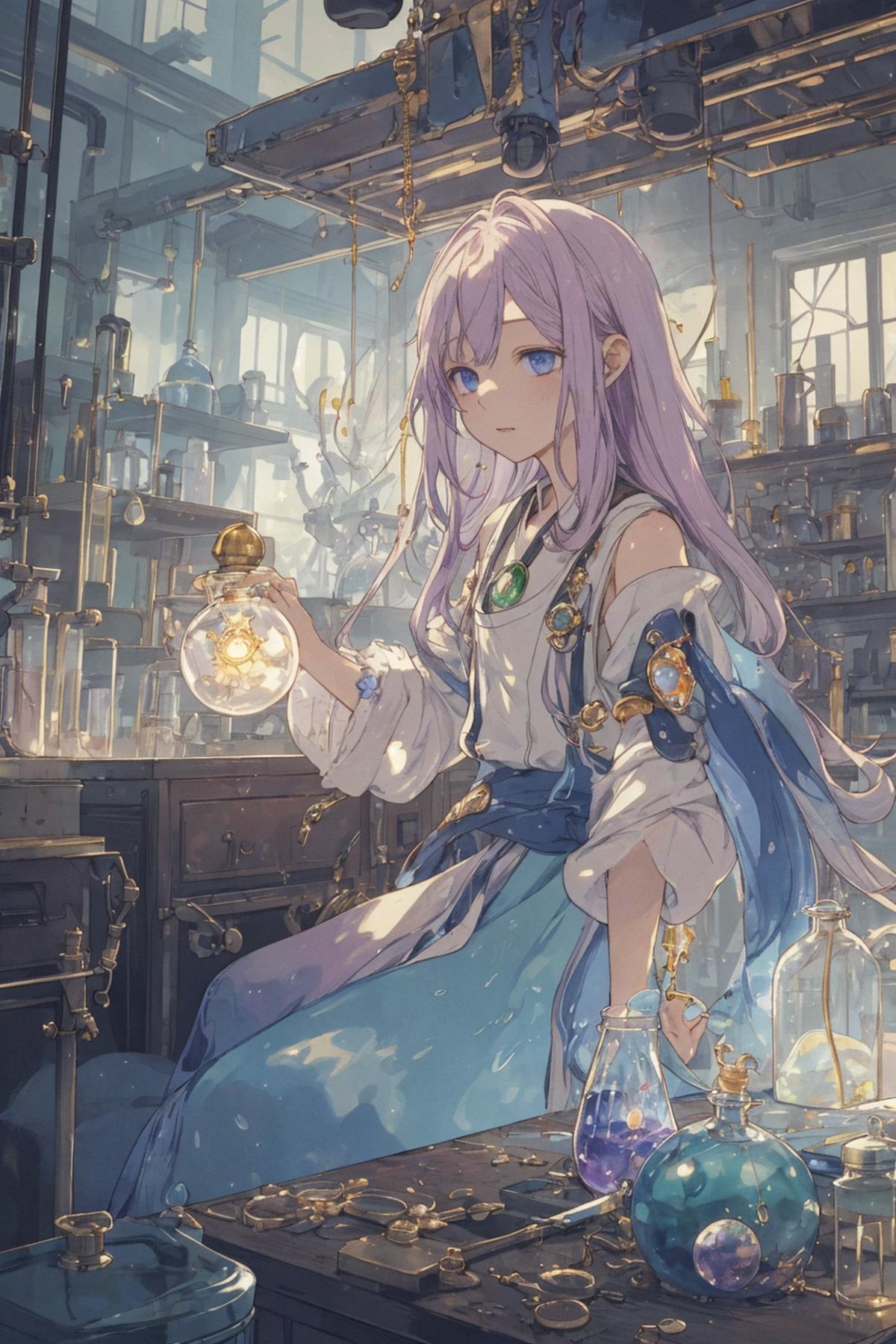 Anime girl with blue hair holding a glass in front of a table - SeaArt AI