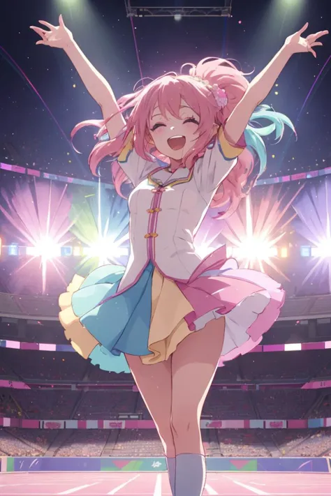 anime idol group, wearing rainbow color uniform, 
(pink hair 1girl are holding mic and singing a song in stadium, she is happily dancing and singing),
(girls are singing around her),
daytime, sunshine, 
(dynamic effects:1.3), (motion effects:1.3), dynamic hair,
masterpiece, crisp image, 
finely detailed body, finely detailed hair, finely detailed face, finely detailed eyes,
highly detailed background