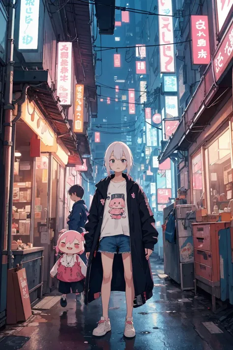 (characters and backgrounds with different themes),
kawaii character of slice of life, everyday clothes, at cyberpunk world,
mas...