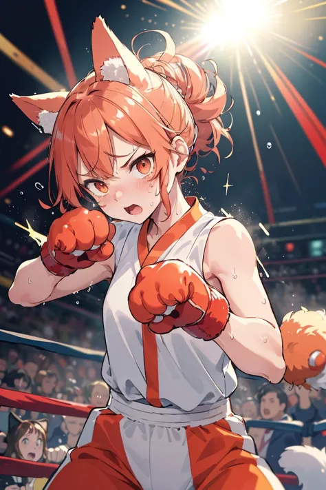 2 cute boxing-idol fighting,
wearing animal suit and long pants, slender, animal ears, paw globes,
(fierce fight, strange cat ku...
