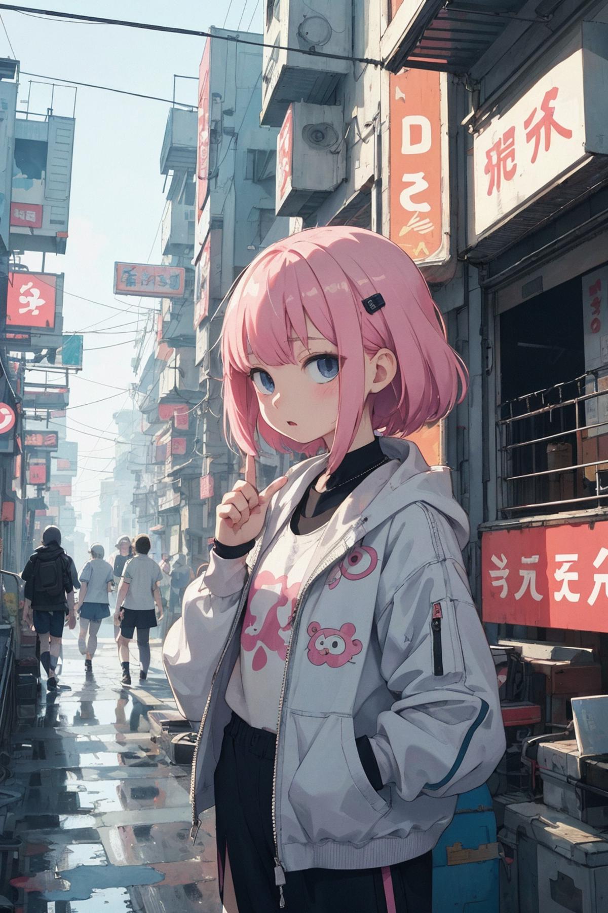 Anime girl with pink hair and backpack standing in the rain - SeaArt AI