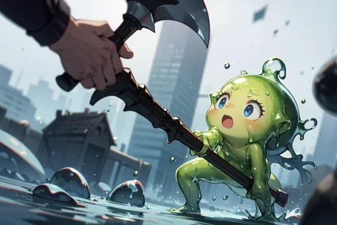 absurdity, hi-res, ultra detailed,
1girl, hand-axe, fighting against slime,
outdoor, low-angle shot, motion blur