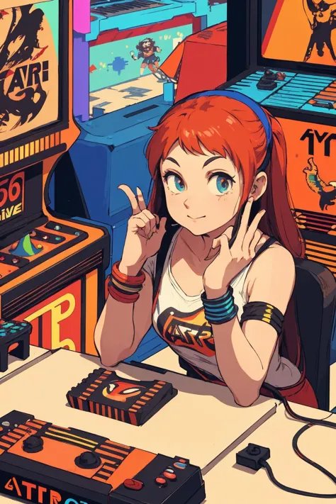 female gamer poses at retro arcade, wristbands,
masterpiece, best quality, (atari-2600:1.3), retro style,