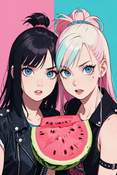legendary girls punk rockers, worked in 90's, ((watermelon is their trademark)),
they live for punk, punk hair, fashionable, sop...