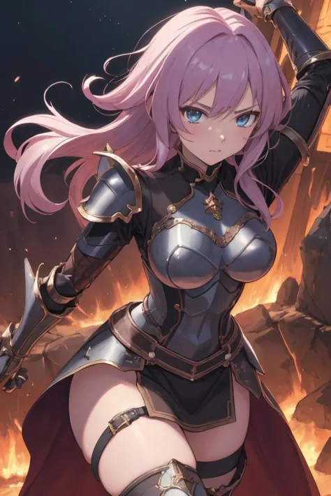tsundere heroine in fantasy world, tsundere angry, in hell dungeon, in sfw armor,
(masterpiece anime), (legendary heroine who ev...