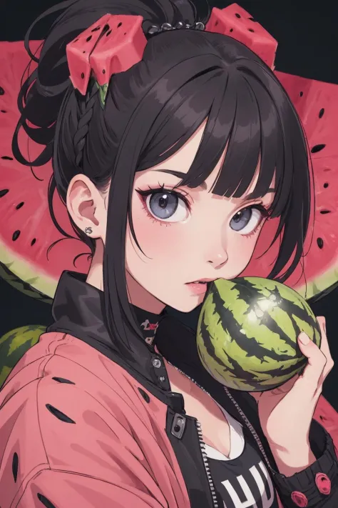 cute punk female, ((watermelon is her trademark)),
rider jacket, punk hairstyle, fashionable, sophisticated,
masterpiece, best q...