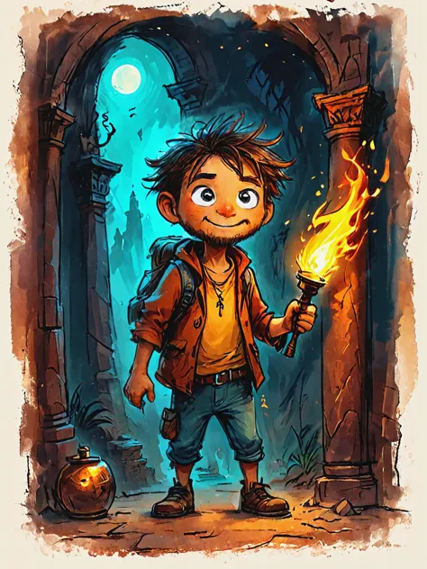 impactful color paint of cute drawing of treasure hunter holding a torch, stepping cautiously into the shadows of the ancient ru...