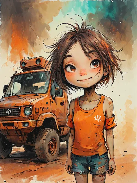 impactful color paint of cute drawing of 2d artwork, concept art, upper body, a woman on watelands, dust,  rusted heavy vehicles...