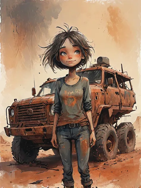 impactful color paint of cute drawing of 2d artwork, concept art, upper body, a woman on watelands, dust,  rusted heavy vehicles on the background, artistic approach, post apocalytic aesthetics,   