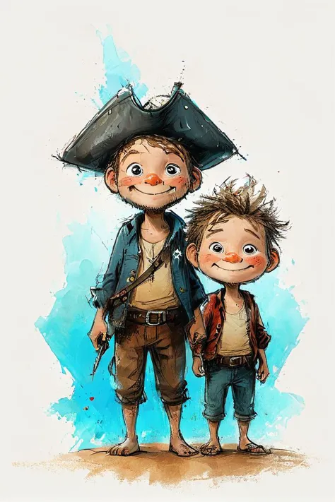 impactful color paint of cute drawing of 2boys, boat, ocean, caustics, wave pointing, ,happy pirate hat, eyepatch, shark, flintlock,  highly detailed,  8k, sharp,  professional, clear,   high contrast, crystal clear