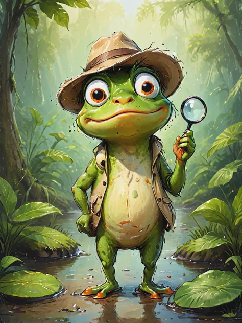 impactful color paint of cute drawing of a funny cartoon character, a cheerful frog wearing a safari hat and wielding a magnifyi...
