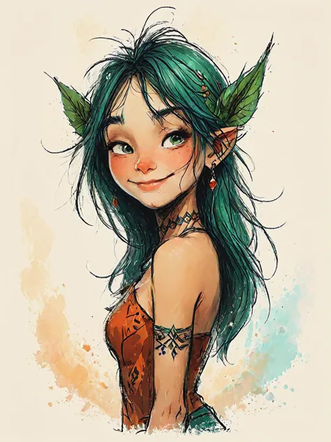 impactful color paint of cute drawing of tribal-Elfpunk, Leaf patterns, Elven ear cuffs, Fantasy tunics, Mystic runes 