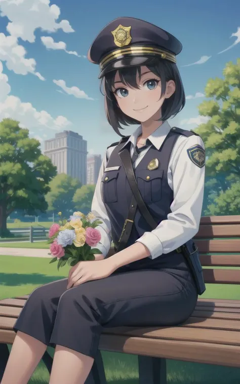 1girl, solo, beautiful scenery of a park, sitting in a bench, holding flowers, cartoon portrait, looking at viewer, smile, police hat, toon \(style\),, masterpiece, best quality, high quality