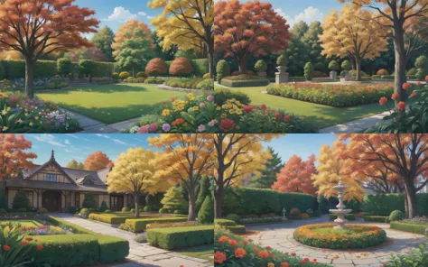 beautiful garden with amazing flowers in a autumn day, masterpiece, best quality, high quality