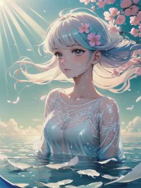 a girl with blue hair and flowers in her hair standing in the water