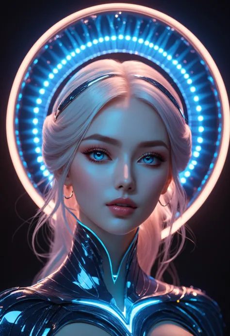 a woman in a futuristic outfit with a halo around her head