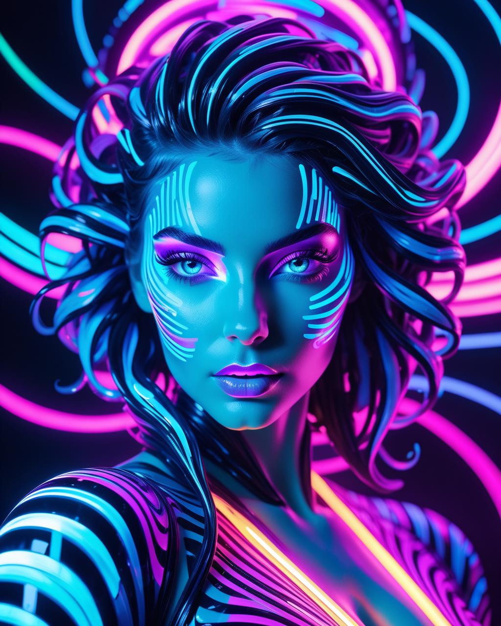 A woman with neon makeup and a black and white striped dress - SeaArt AI