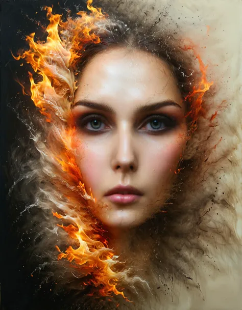 a woman with a fire on her face and a hood