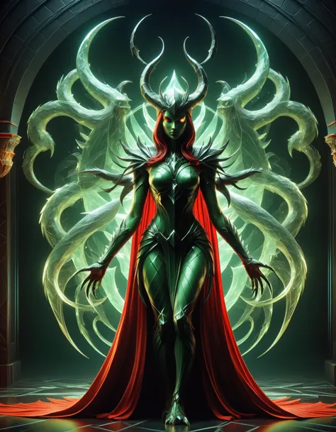 a woman in a red cape and green outfit standing in front of a large demon