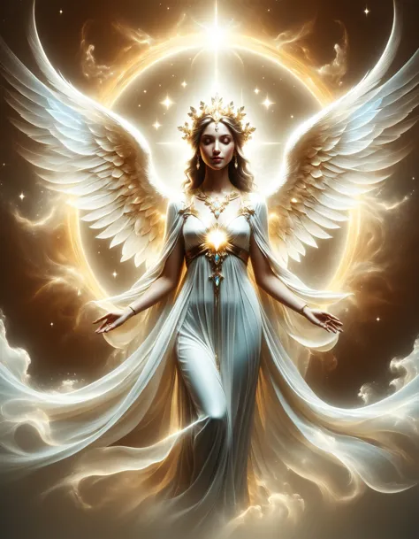 a woman with wings and a halo above her head