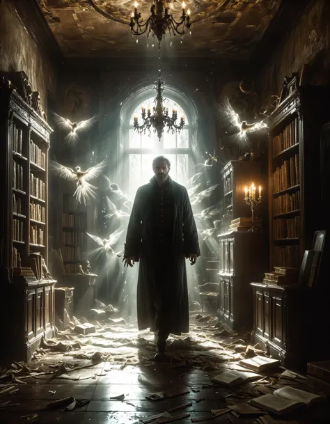 a man in a long coat standing in a library with lots of books