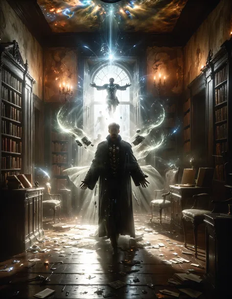 a man standing in a library with a light shining through the ceiling