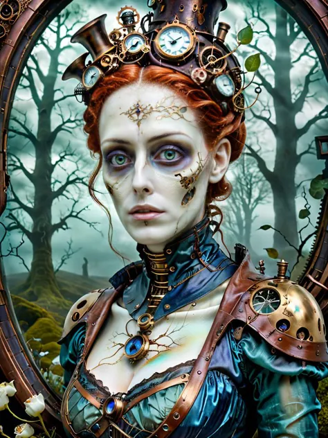 Fotografía premiada de una aparición fantasmal con hiperkraximalismo y ojos tristes en el país de las maravillas., mágico, Caprichoso, concepto de arte de fantasía, steampunk, detalles intrincados, mejor calidad, obra maestra, ultra nítido, Híper realista, realism, SFW, 