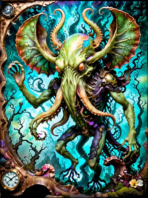 award winning photograph of a hyperkraximalism cthulhu with indescribable terror in wonderland, magical, whimsical, fantasy art ...