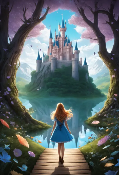 a girl in a blue dress is walking towards a castle