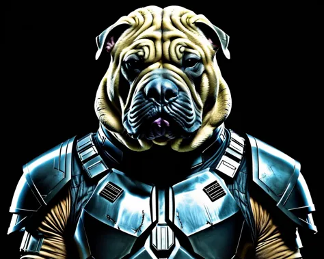 mandaloriandark cyberpunk illustration of brutal Young Shar Pei of Opulence, In einer Welt ohne Hoffnung, regiert von rücksichtslosen kriminellen Konzernen, beste Qualität, Hohe Auflösung, luxuriöser scharfer Fokus, Magische Atmosphäre, Dynamisch dramatic composition, Schön, Dynamisch, komplexe künstlerische Farbkomposition, atemberaubend