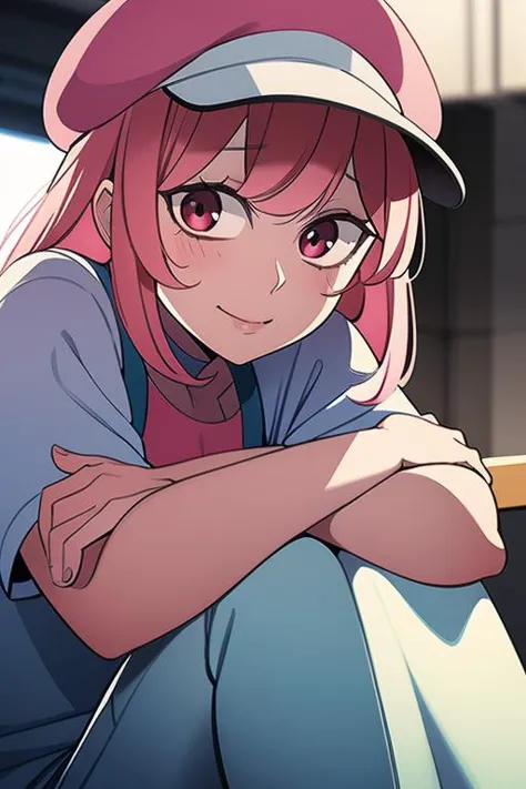 anime girl with pink hair and a baseball cap sitting on a bench