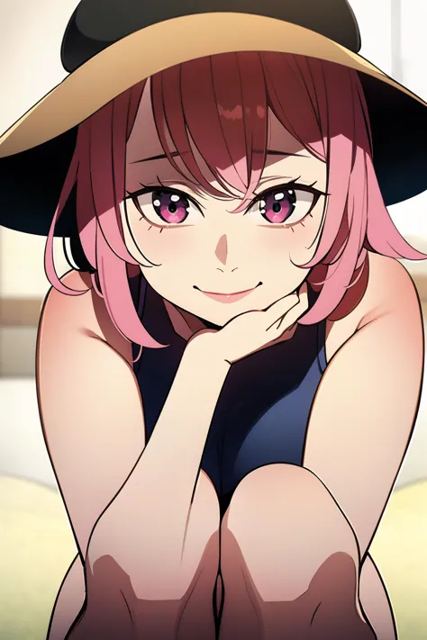 anime girl with pink hair and a hat sitting on a bed