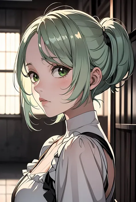 anime girl with green hair and a white blouse in a room