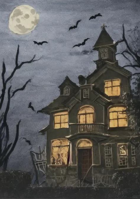 an exterior shot of a haunted house, night, halloween, spooky, mystical energy in the air, (night:1.5), full moon