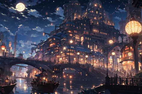 (masterpiece:1.2), best quality,PIXIV, Night scene,
scenery, sky, no humans, night, cloud, bridge, city, lantern, building, outdoors, cityscape, water, fantasy, lamppost, railing, lights, city lights, night sky, moon, watercraft, architecture, star (sky), boat, reflection, paper lantern
 <lora:Night scene_20230715120543:1>