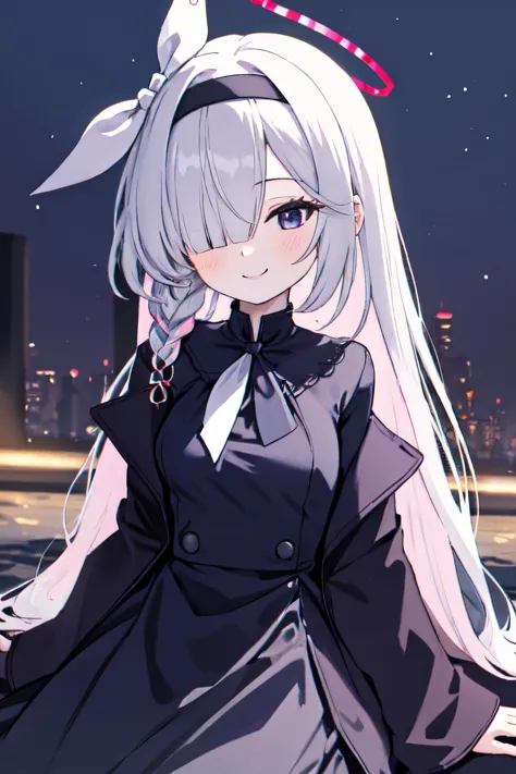 anime girl with long white hair and a black dress